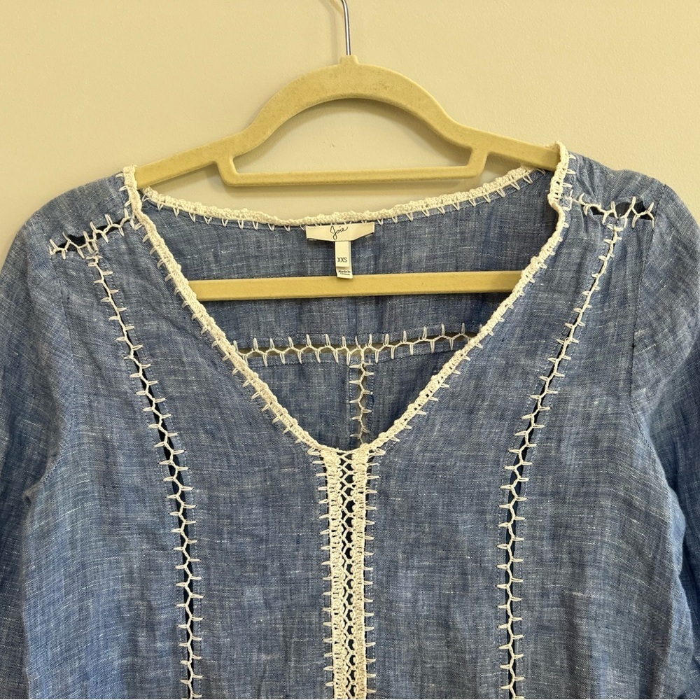 Joie Warby 100% Linen Blue Tunic Dress Cover Up with Embroidery,  XXS - Picture 5 of 11